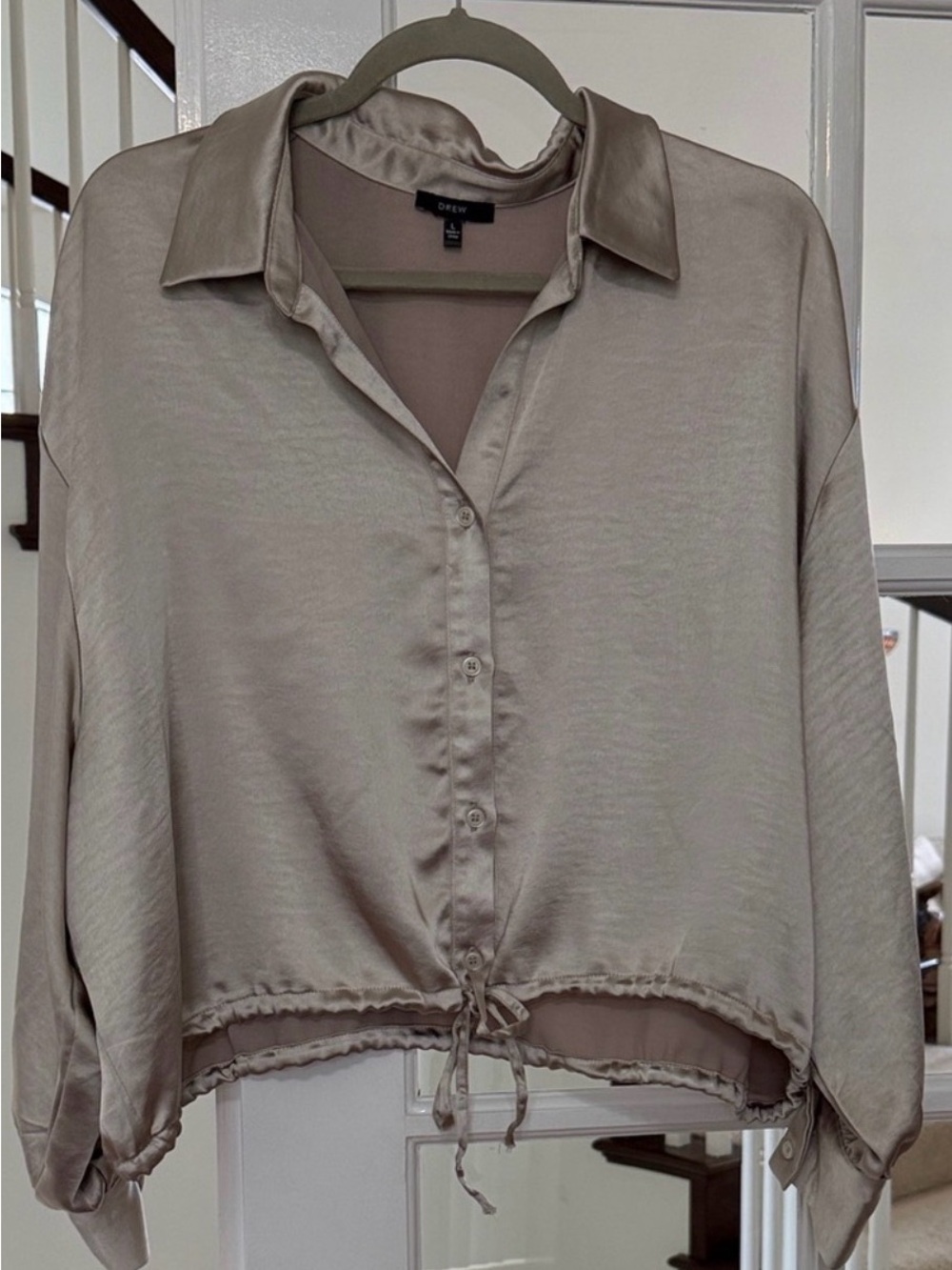 DREW Taupe Satin Button-Front Tie-Hem Blouse